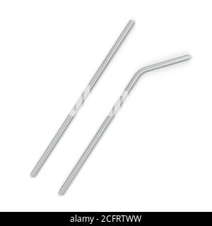 Metallic straw to use instead of plastic one. 3d illustration isolated on white background Stock Photo