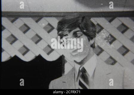 Fine 1970s vintage black and white photography of a male mannequin smiling at the camera. Stock Photo