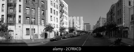 Los Angeles, California, USA - September 2003:  Archival panoramic, view of the old brick apart buildings on Normandie Ave near 7th Street in the Koreatown area of Los Angeles. Stock Photo