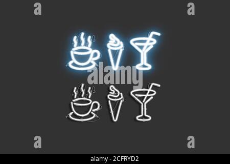 Decorative coffee, ice cream and martini neon symbol mock up Stock Photo
