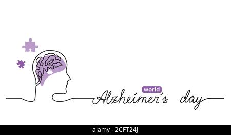 Alzheimer s day simple background, web banner, poster with brain and puzzle. One continuous line drawing background with lettering Alzheimer s day Stock Vector