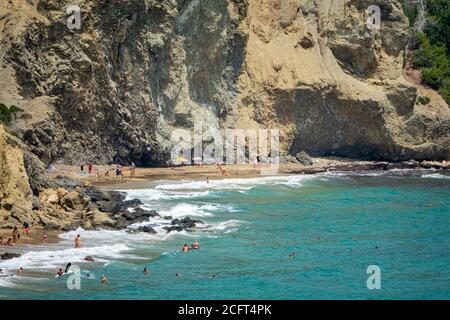 Stock picture dated July 2020 of Agua Blanca beach on the Spanish island of Ibiza by the Mediterranean Sea. It is in the municipality of Santa Eulˆria des Riu and is 6.4 miles north east of the town of Santa Eulˆria des Riu. Stock Photo