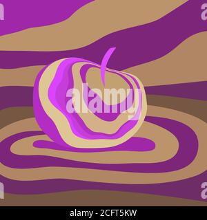 Apple fruit psychedelic purple beige. Vector illustration optical illusion Colorful drawn visualization. Fantastic neon Stock Vector