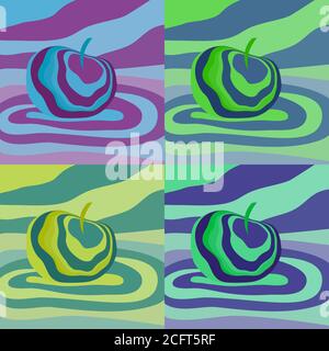 Apple fruit psychedelic pop art. Vector illustration optical illusion Colorful visualization Fantastic neon wavy striped Stock Vector