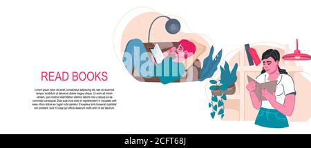 Flyer for literature club or books festival with reading people, flat vector illustration. Stock Vector
