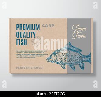 Premium Quality Fish Realistic Cardboard Box. Abstract Vector Packaging Design or Label. Modern Typography, Hand Drawn Mirror Carp Silhouette. Craft Stock Vector