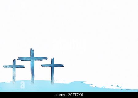 Christian worship and praise. Three crosses with cloudy sky background,  water splashes and empty space Stock Photo - Alamy
