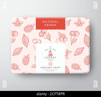 Cherry Bath Soap Cardboard Box. Abstract Vector Wrapped Paper Container with Label Cover. Packaging Design. Modern Typography and Hand Drawn Berries Stock Vector