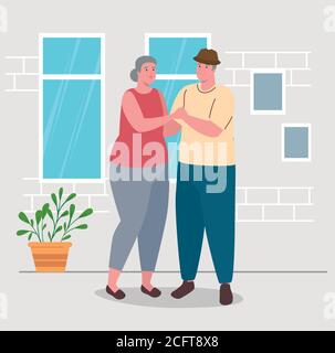 cute old couple dancing in the house Stock Vector