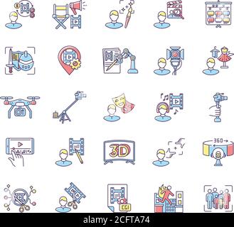 Film making process and staff RGB color icons set Stock Vector