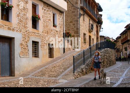 Hiker mature young woman with a face mask and a dog. Stock Photo