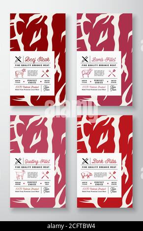 Premium Quality Abstract Vector Meat Labels Cover Big Set. Packaging Design. Modern Typography and Hand Drawn Cow, Sheep, Goat and Pig Silhouettes Stock Vector