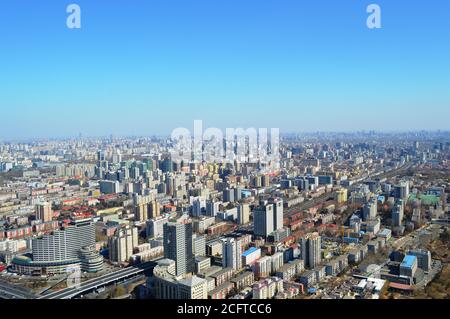 Beijing / China - March 1, 2014: Aerial view of downtown Beijing, view from the Central Radio and TV Tower in Beijing Stock Photo