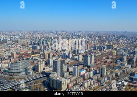 Beijing / China - March 1, 2014: Aerial view of downtown Beijing, view from the Central Radio and TV Tower in Beijing Stock Photo