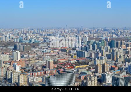 Beijing / China - March 1, 2014: Aerial view of downtown Beijing, view from the Central Radio and TV Tower in Beijing Stock Photo