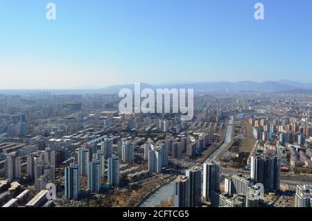 Beijing / China - March 1, 2014: Aerial view of downtown Beijing, view from the Central Radio and TV Tower in Beijing Stock Photo