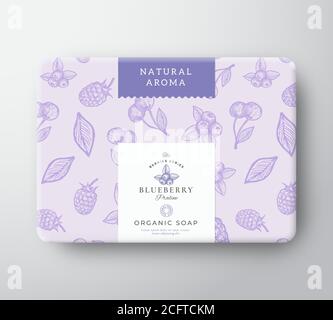 Blueberry Bath Soap Cardboard Box. Abstract Vector Wrapped Paper Container with Label Cover. Packaging Design. Modern Typography and Hand Drawn Stock Vector
