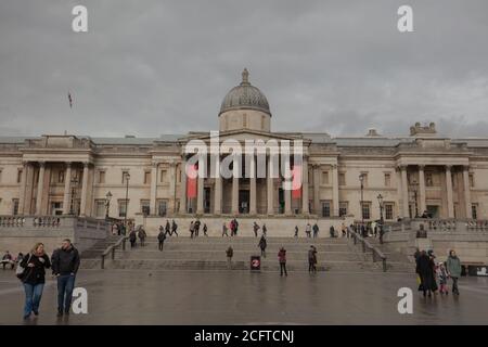 Broad steps seen leading to the National Gallery building on the north terrace of Trafalgar Square London. Stock Photo