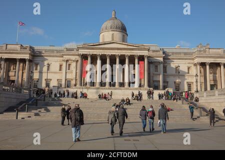 Broad steps seen leading to the National Gallery building on the north terrace of Trafalgar Square London. Stock Photo