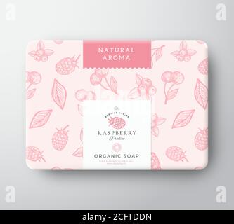 Raspberry Bath Soap Cardboard Box. Abstract Vector Wrapped Paper Container with Label Cover. Packaging Design. Modern Typography and Hand Drawn Stock Vector