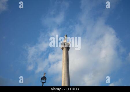 Nelson's Column seen against the background of the sky on Trafalgar Square London. Stock Photo