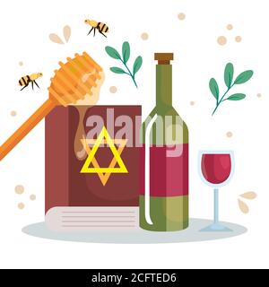 rosh hashanah celebration, jewish new year, with wine and decoration traditional Stock Vector