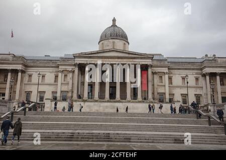 Broad steps seen leading to the National Gallery building on the north terrace of Trafalgar Square London. Stock Photo