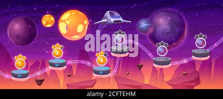 Space game level map with spaceship and alien planets, cartoon 2d gui landscape, computer or mobile arcade with platform and bonus items. Cosmos, universe futuristic background vector illustration Stock Vector