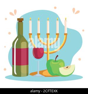 rosh hashanah celebration, jewish new year, with chandelier, wine and apples Stock Vector