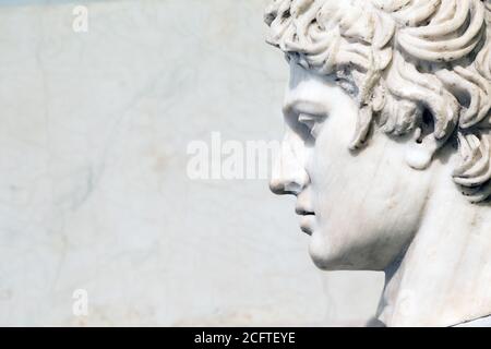 head of the statue close-up on white marble background with copy space. Stock Photo