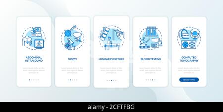 Diagnostic procedures onboarding mobile app page screen with concepts Stock Vector