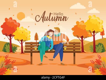 cute couple sitting on bench. Hello Autumn Vector illustration with beautiful landscape. Stock Vector