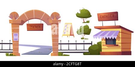 Zoo outdoor wild animals park set. Gates with wooden signboard, metal fencing and stone pillars, cashier booth, entrance banner and green bush isolated on white background Cartoon vector illustration Stock Vector