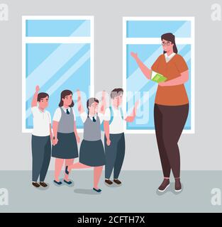 woman teacher with group students in classroom Stock Vector