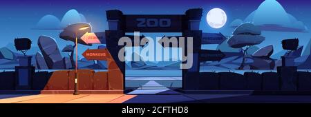 Zoo entrance with wooden board on arch at night. Vector cartoon landscape with entry gates to zoological garden, direction signs to different animals, stones, trees and moon in sky Stock Vector