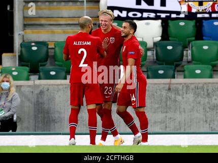 Norway's Erling Braut Haland (centre) celebrates scoring his side's second goal of the game during the UEFA Nations League Group 1, League B match at Windsor Park, Belfast. Stock Photo