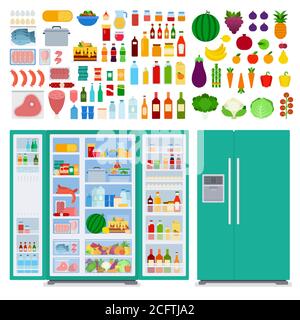 Image of a green refrigerator and food in and around it illustration in a flat design. Stock Vector