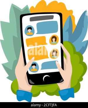 Hands holding smartphone with chat app. Chatting online on smart phone. Flat vector illustration on white background. Work at home concept. Mobile off Stock Vector