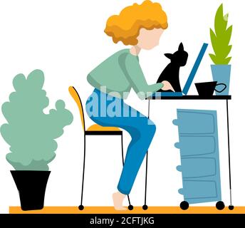 Red hair girl working from home, with notebook, cat and flowerpot. Work from home concept vector illustration on white background. Freelance worker. S Stock Vector