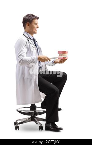 Male dentist showing a teeth brushing with a big toothbrush and a model jaw isolated on white background Stock Photo