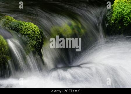 Detail of lovely waterfalls among green mossy rocks, taken in a river in Charlevoix, Quebec Stock Photo