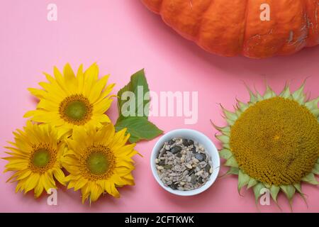 Beautifully decorated still life, mockup on a pink background, flowers and ripe sunflower, pumpkin, seeds in a white plate. Natural food concept. High quality photo Stock Photo