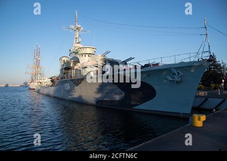 Museum ship ORP Blyskawica is a Grom class destroyer which served in the Polish Navy during World War II. ORP Blyskawica and it sister ship ORP Grom w Stock Photo