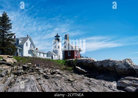 The iconic and famous pemaquid lighthouse in bristol Maine on a blue sky sunny day. Stock Photo