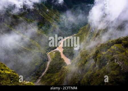 Foggy landscape with the Urubamba river near Machu Picchu, Peru Stock Photo