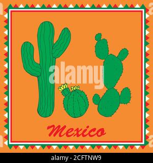 Three green cactuses on orange background. Isolated colorful sty Stock Vector