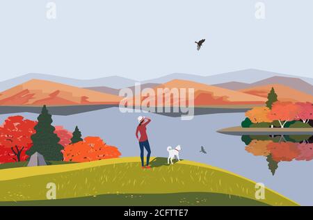Autumn mountains lake landscape flat color vector Stock Vector