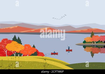 Autumn mountains lake landscape flat color vector Stock Vector