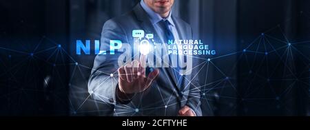 NLP natural language processing cognitive computing technology concept on blurred Server Room. Stock Photo