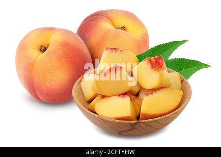 Ripe peach fruit with slices isolated on white background with clipping path and full depth of field Stock Photo